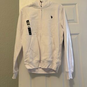 White zip up sweatshirt hoodie made by polo